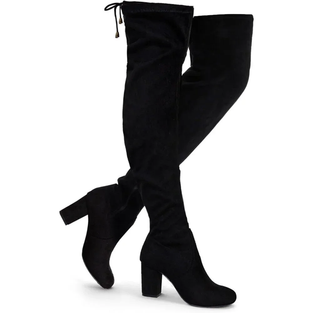 Women's Black Suede Chunky Heels Zipper Over The Knee High Adjustable Boots